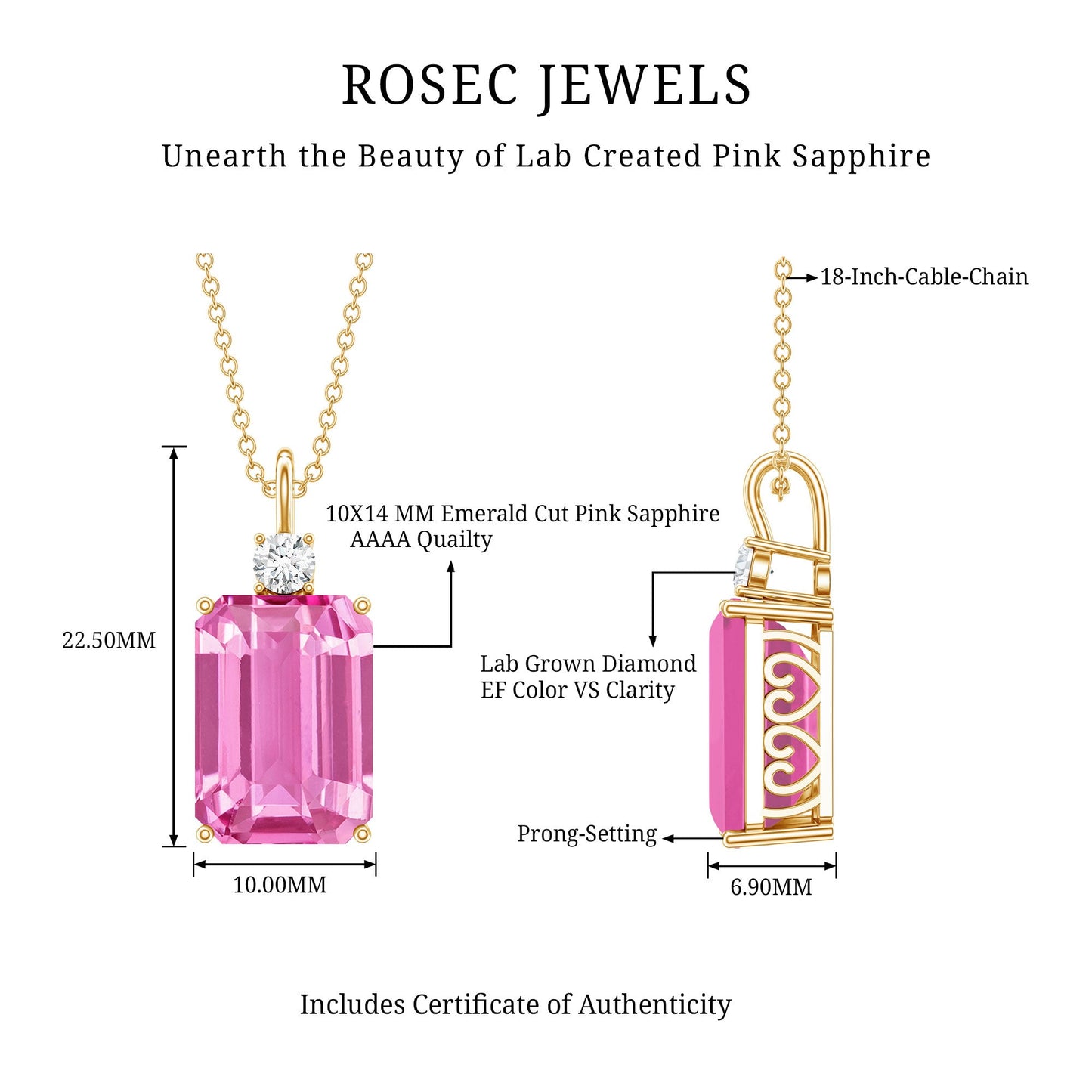 9 Carat Emerald Cut Lab Created Pink Sapphire Pendant with Diamond