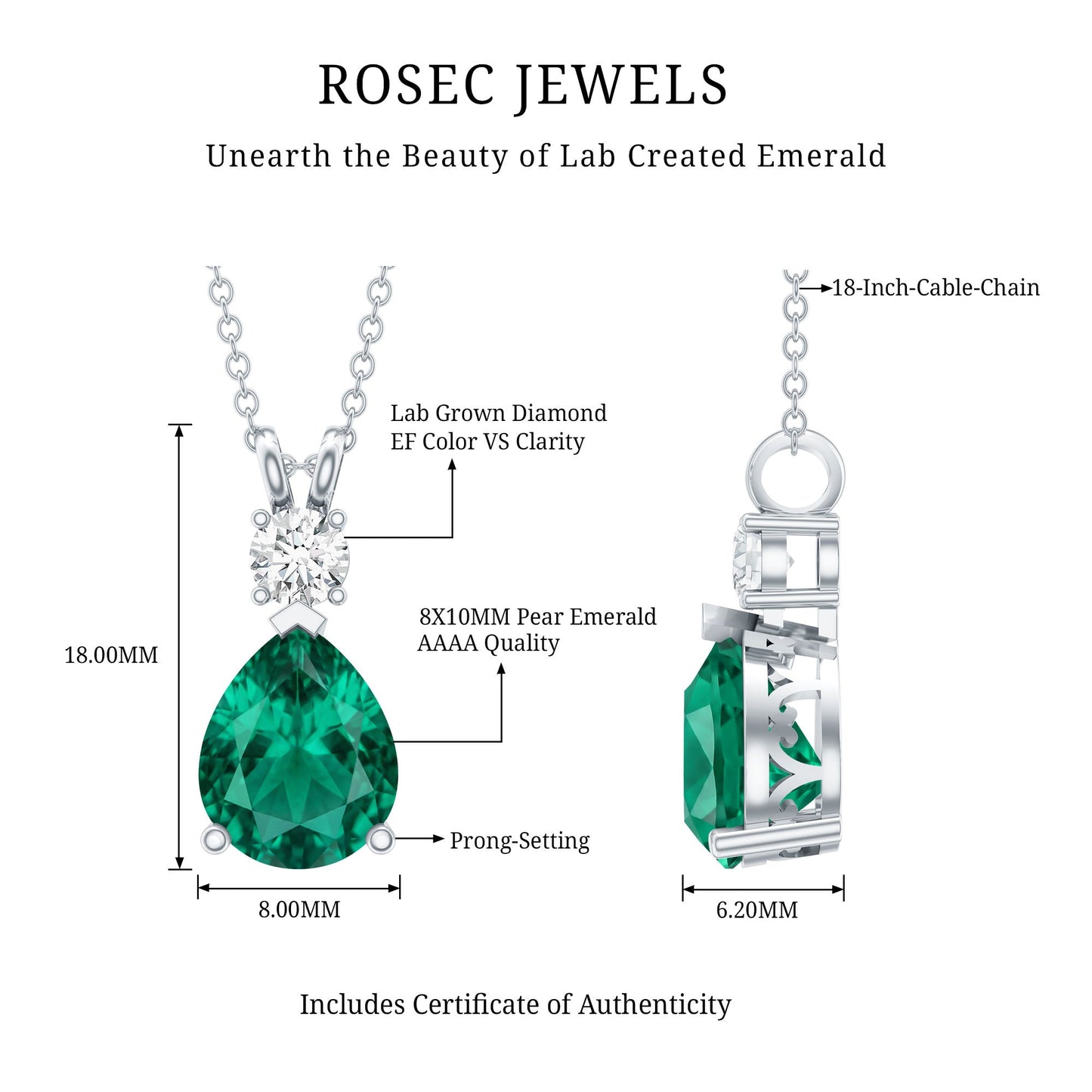 2.5 CT Lab Created Emerald Diamond Teardrop Pendant with Certificate