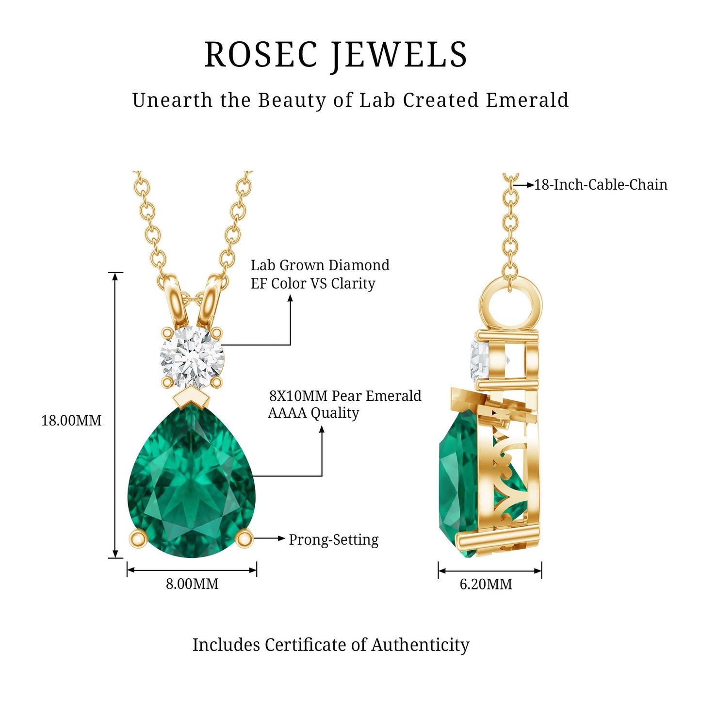 2.5 CT Lab Created Emerald Diamond Teardrop Pendant with Certificate