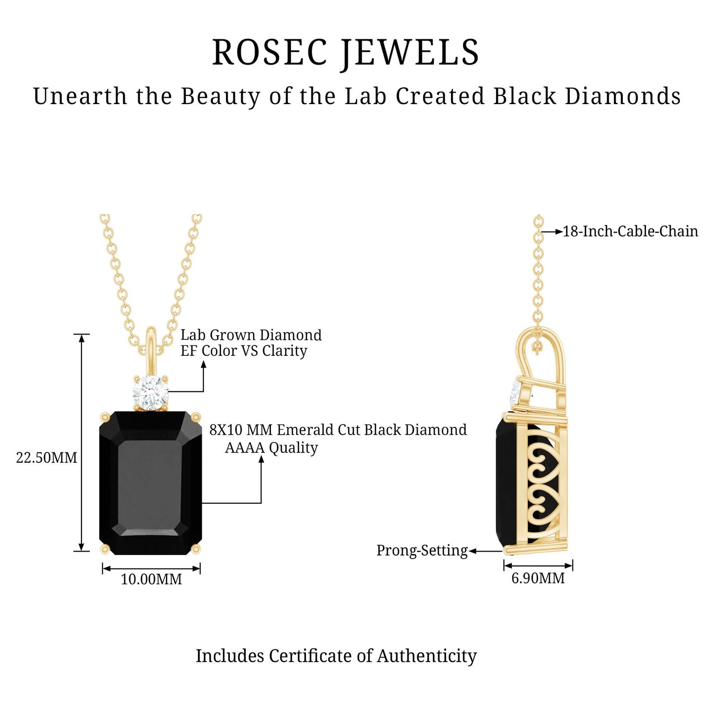 3.48 Carat Emerald Cut Lab Created Black Diamond Solitaire Necklace