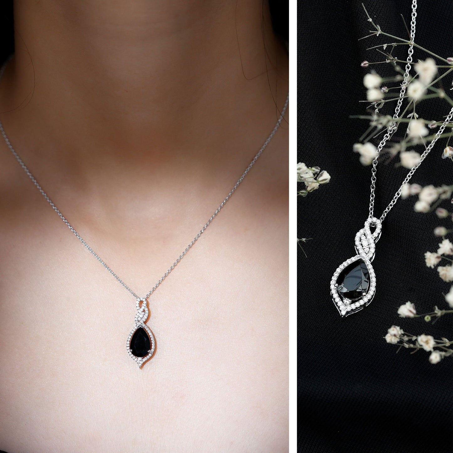 1.75 Carat Pear Shape Black Spinel Statement Necklace with Moissanites