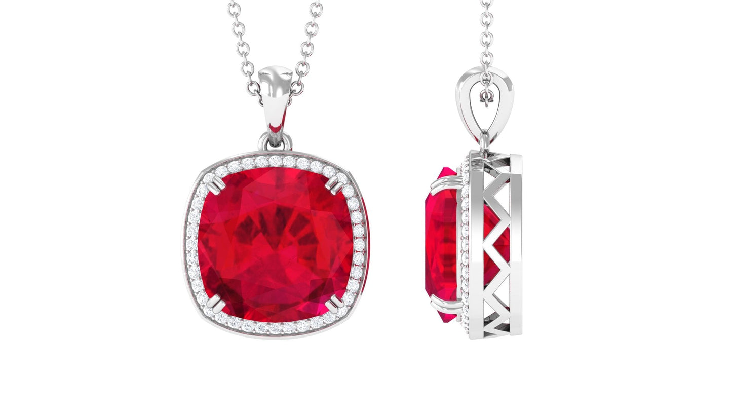 4 Carat Cushion Cut Lab Grown Ruby Statement Necklace with Diamond Halo