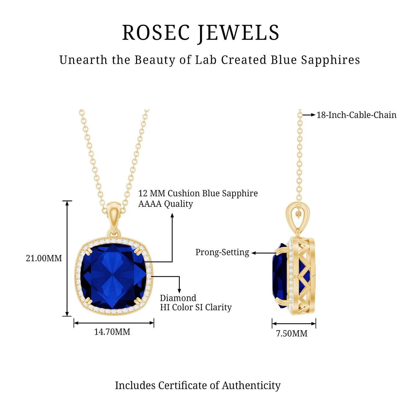Cushion Cut Created Blue Sapphire and Diamond Halo Pendant Necklace