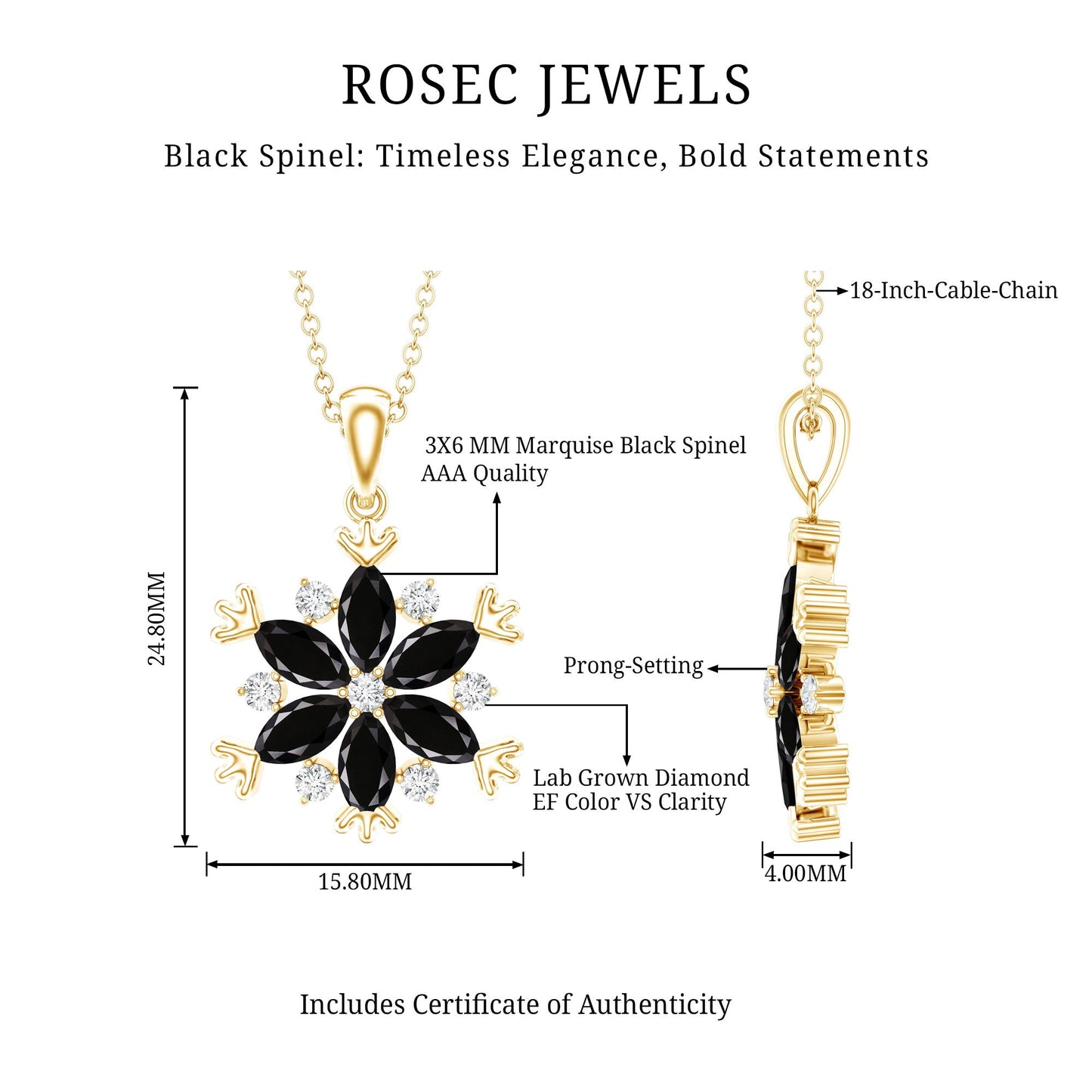 Certified Black Spinel and Diamond Flower Necklace with Silver Chain