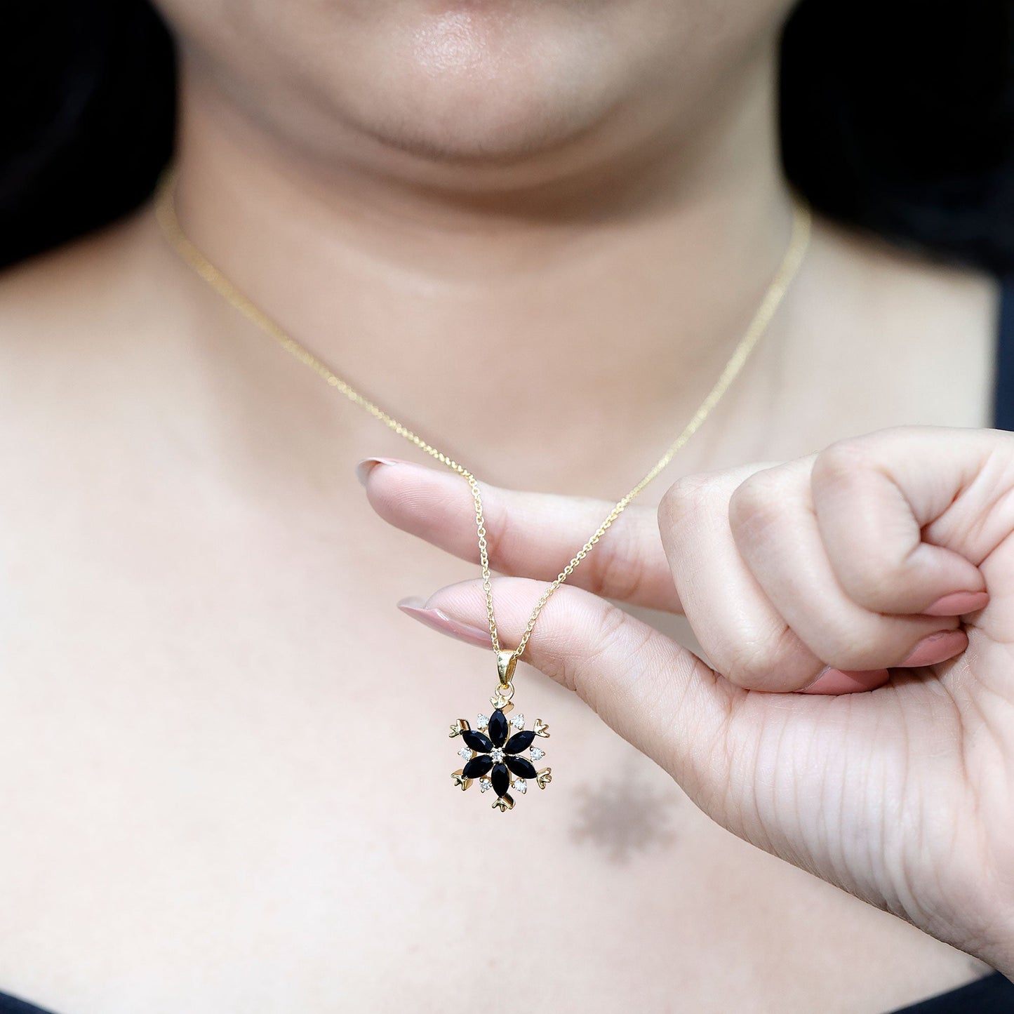 Certified Black Spinel and Diamond Flower Necklace with Silver Chain