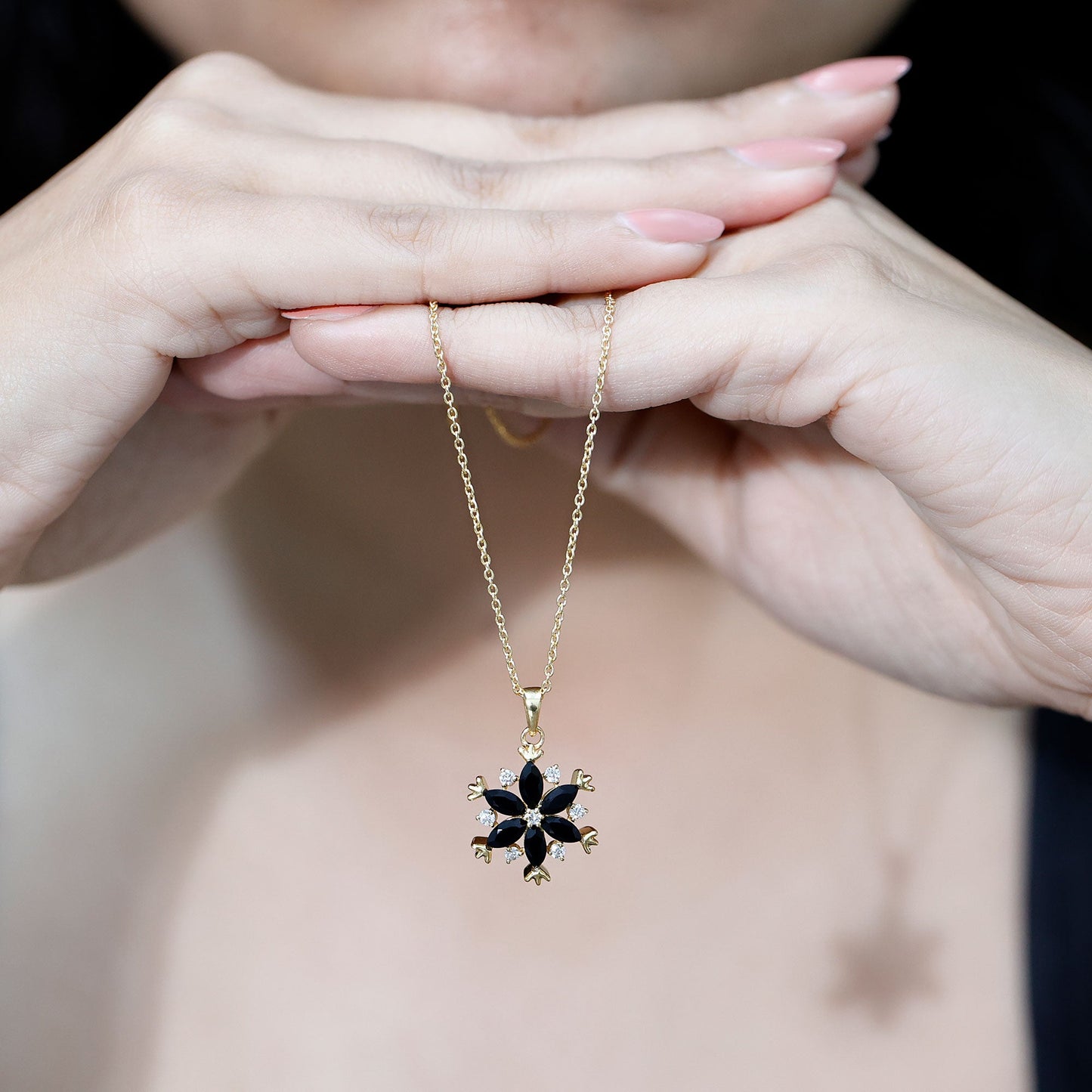 Certified Black Spinel and Diamond Flower Necklace with Silver Chain