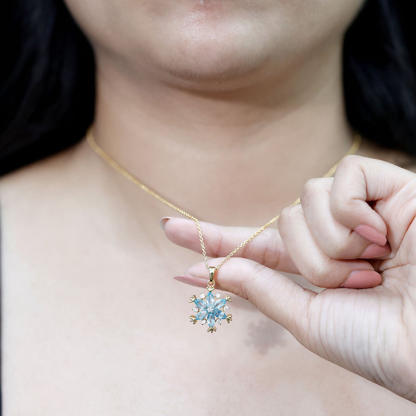Real Swiss Blue Topaz Snowflake Necklace with Silver Chain