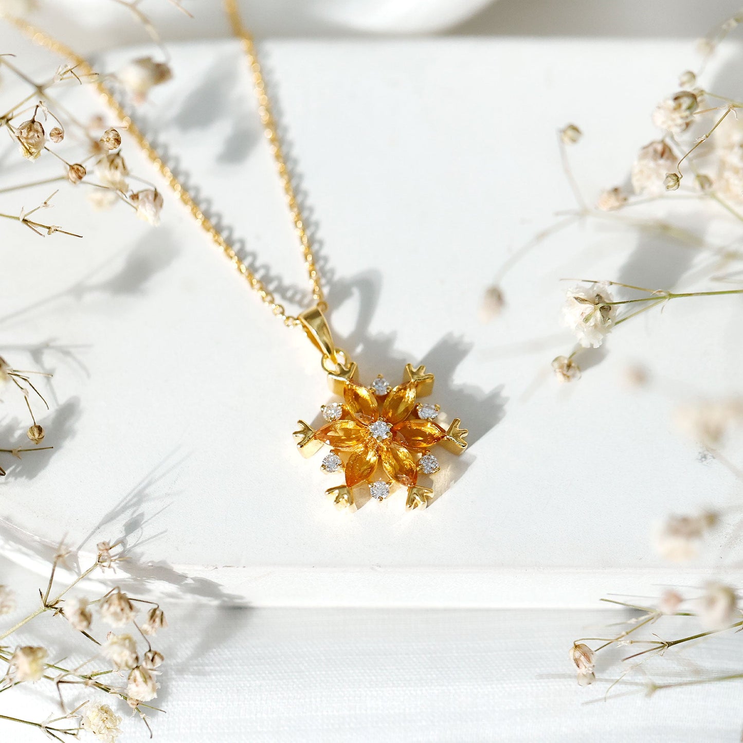Certified Citrine Flower Pendant Necklace with Silver Chain