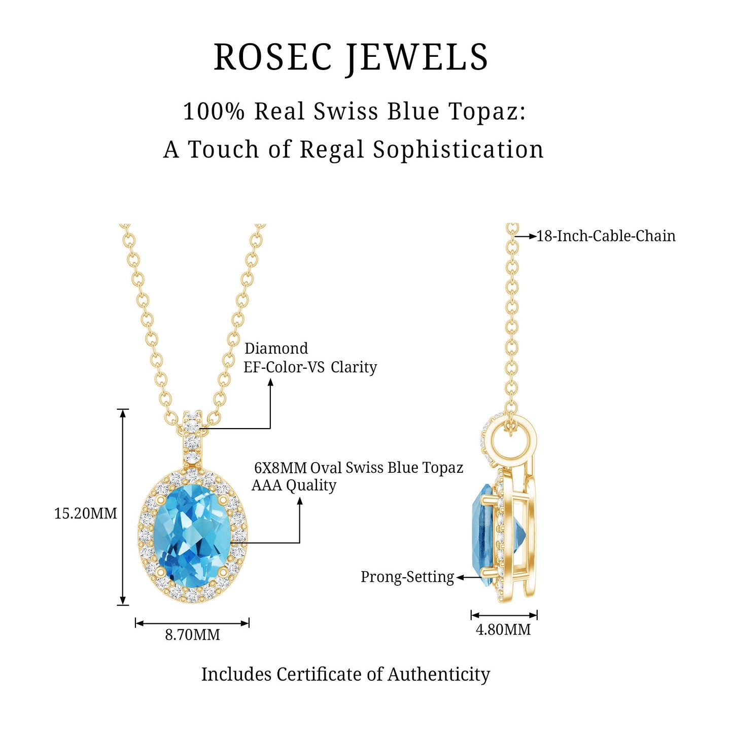 Natural 1 Carat Swiss Blue Topaz and Diamond Halo Necklace With Silver Chain
