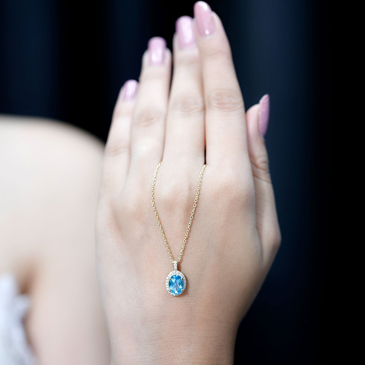 Natural 1 Carat Swiss Blue Topaz and Diamond Halo Necklace With Silver Chain