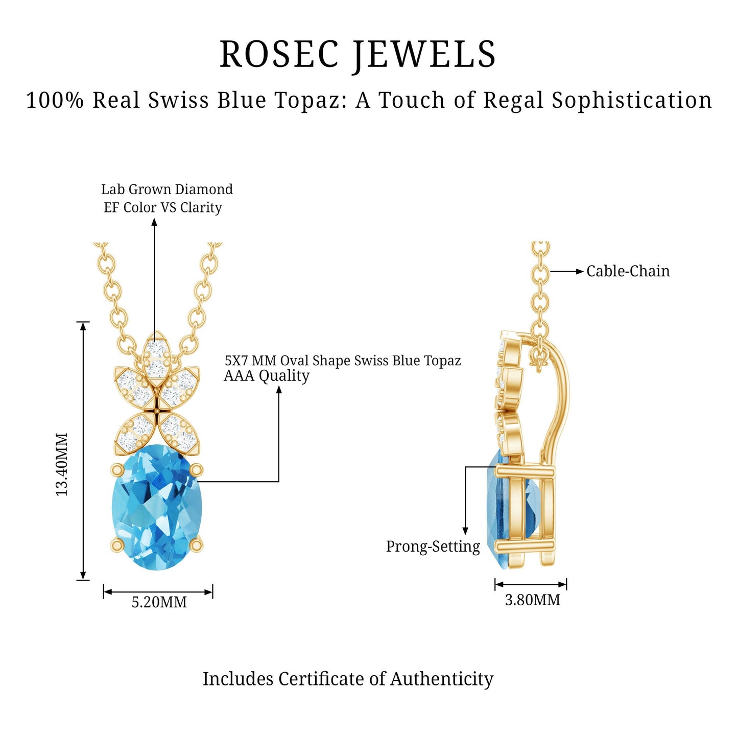 Oval Cut 0.65 Carat Swiss Blue Topaz and Diamond Flower Necklace with Chain