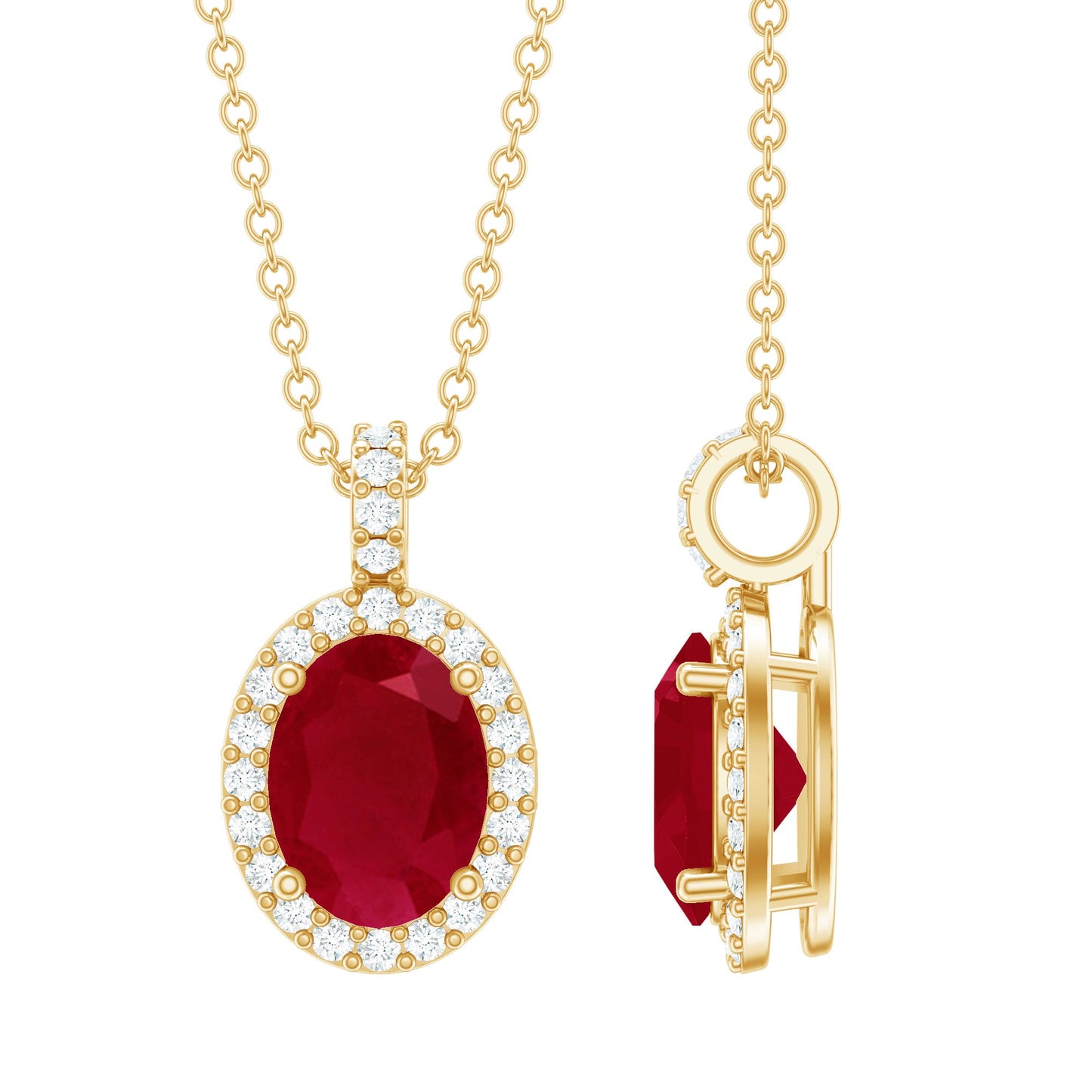 Natural 1.5 Carat Ruby Pendant Necklace with Diamond Halo in Gold Plated Silver
