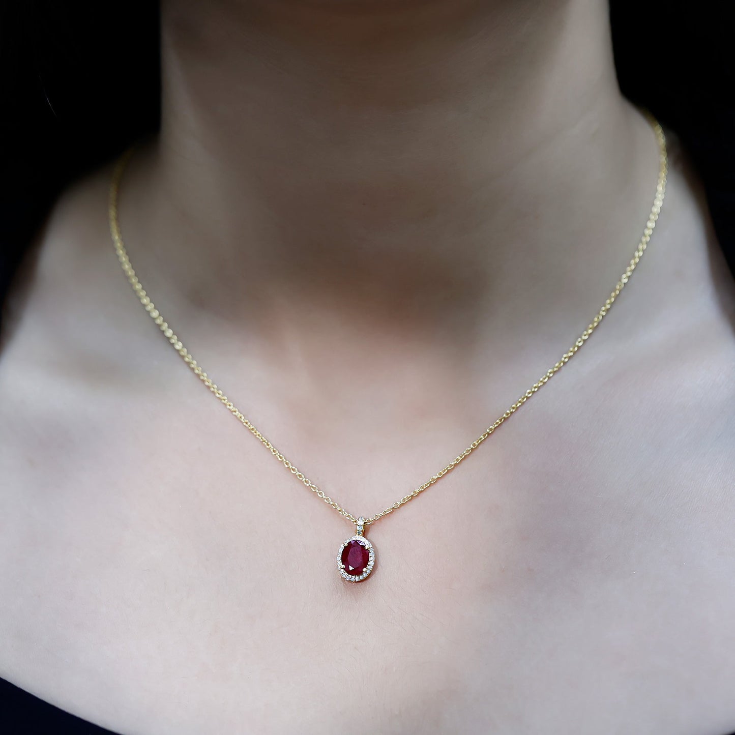 Natural 1.5 Carat Ruby Pendant Necklace with Diamond Halo in Gold Plated Silver