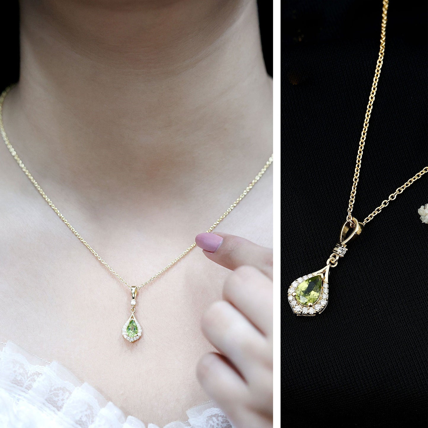 Certified Peridot and Diamond Teardrop Necklace in Gold Plated Silver