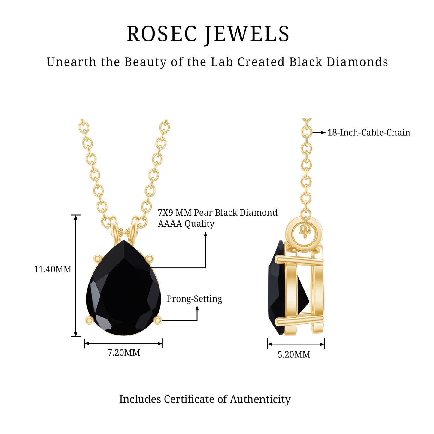 Pear Shaped 2.75 Carat Lab Grown Black Diamond Teardrop Necklace with Chain