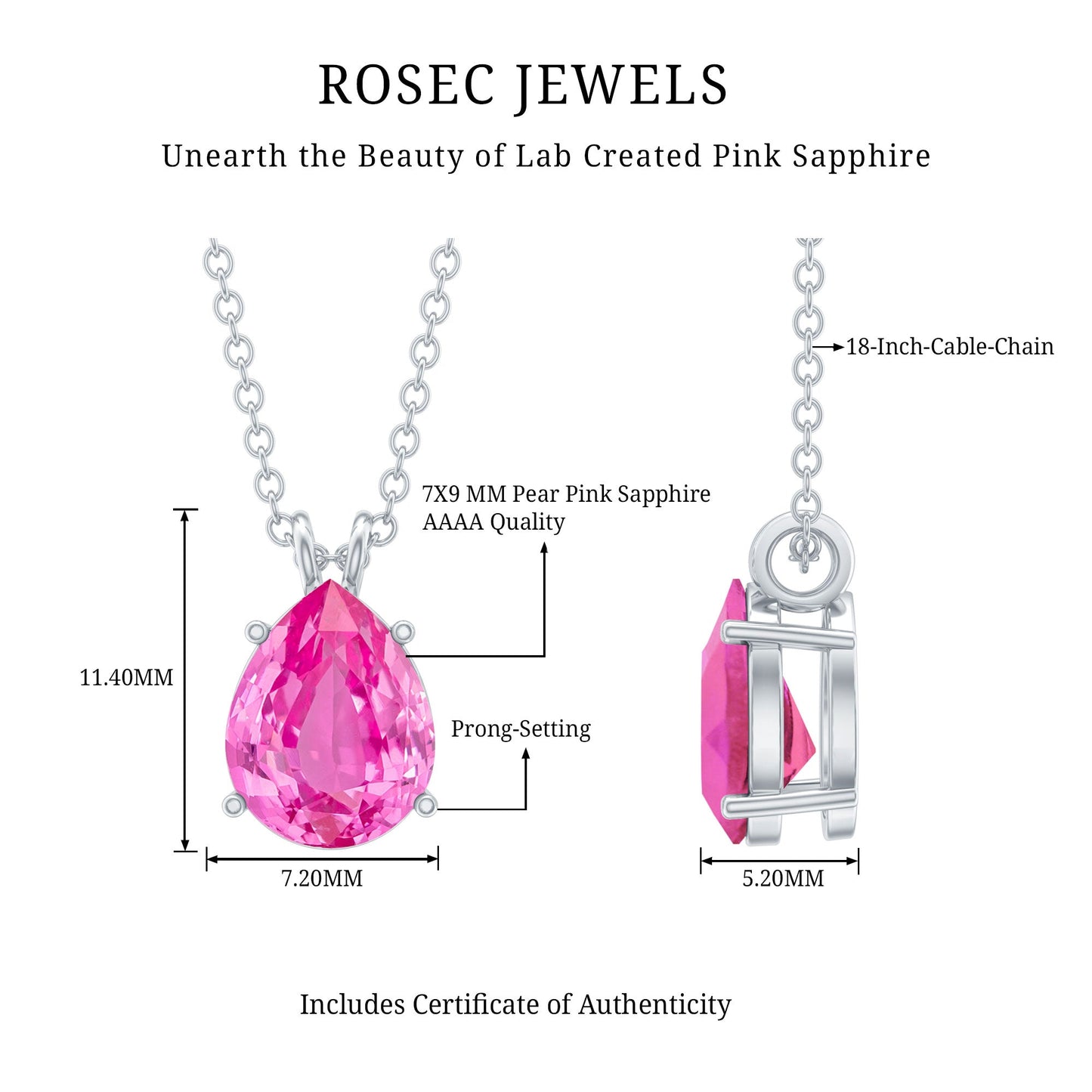 Certified 1.8 Carat Lab Grown Pink Sapphire Teardrop Necklace