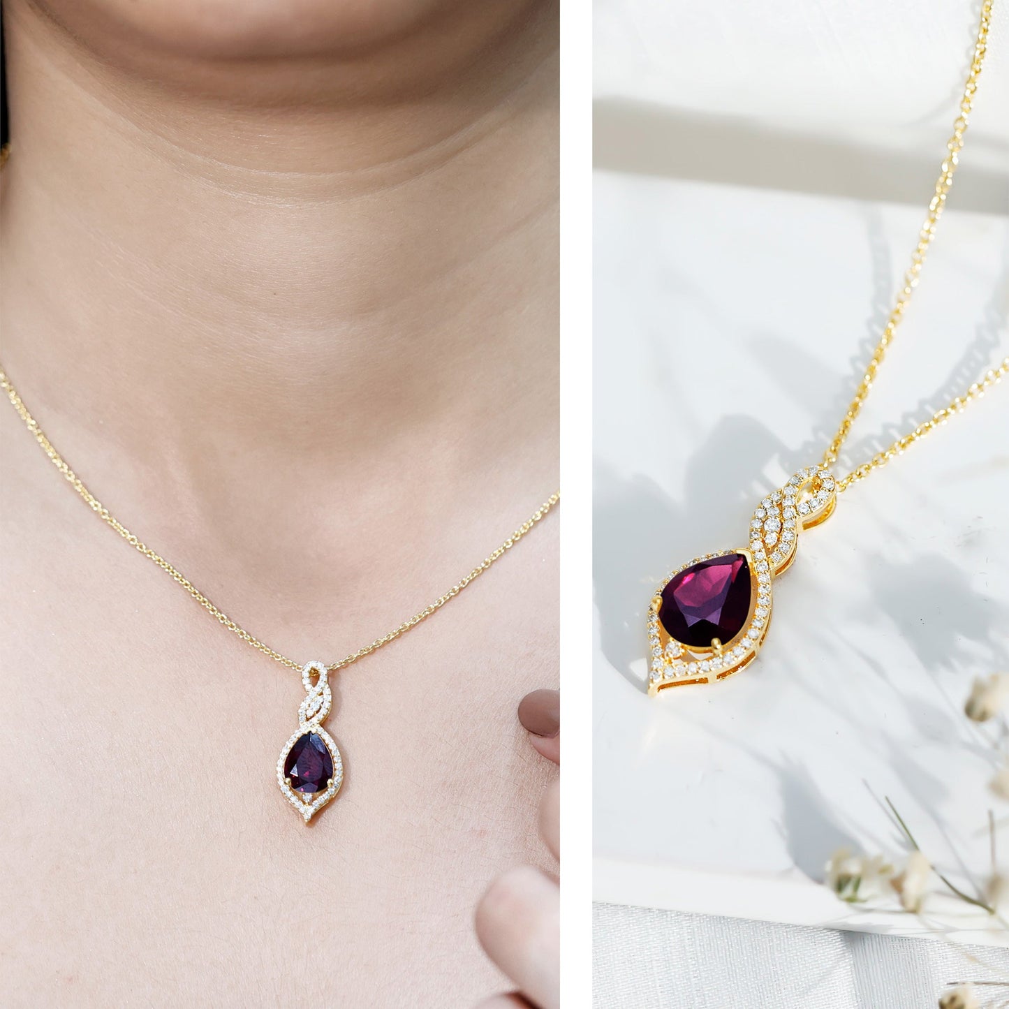 2.5 Carat Pear Shaped Rhodolite Diamond Wedding Necklace for Bride