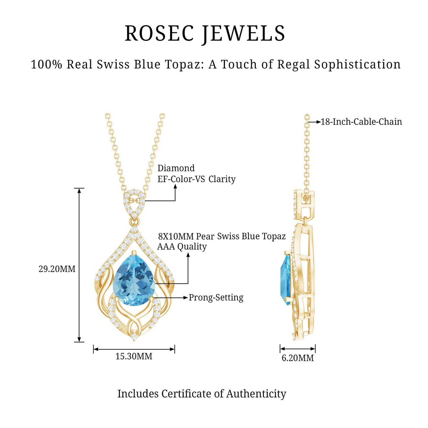 2.2 Carat Swiss Blue Topaz Designer Wedding Necklace with Lab Diamond