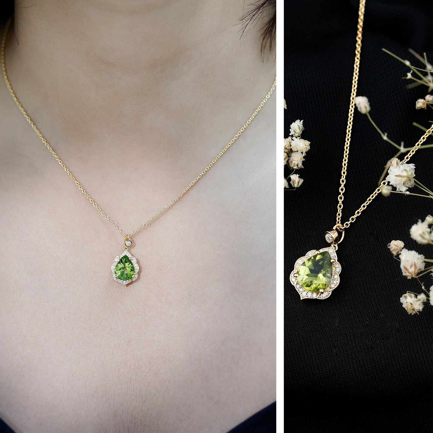 Natural 2.2 Carat Pear Shape Peridot Vintage Necklace with Lab Grown Diamond