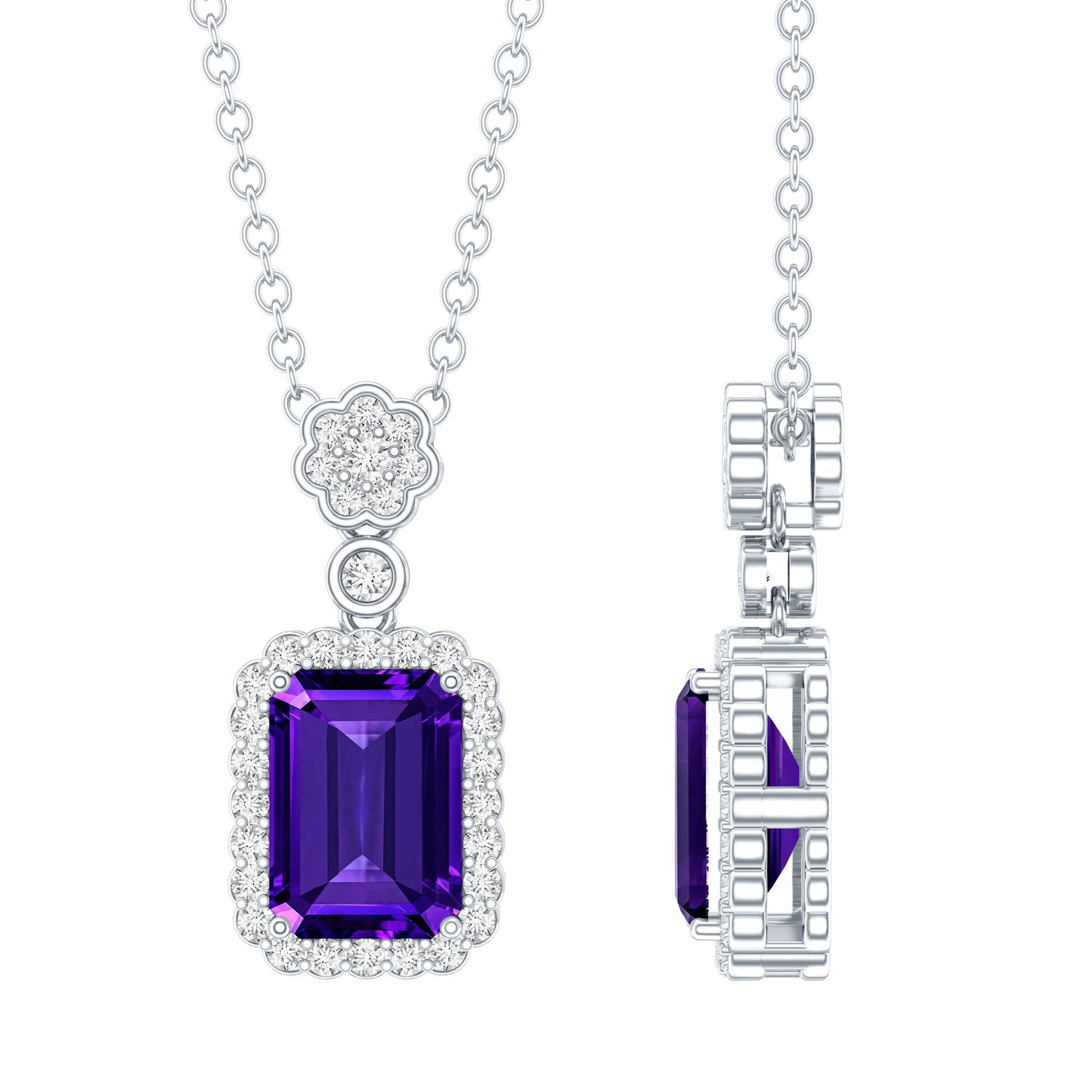 Genuine 1.1 Carat Emerald Cut Amethyst Vintage Necklace with Diamond Halo