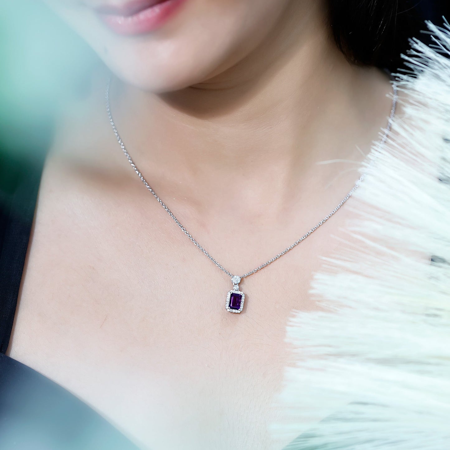 Genuine 1.1 Carat Emerald Cut Amethyst Vintage Necklace with Diamond Halo