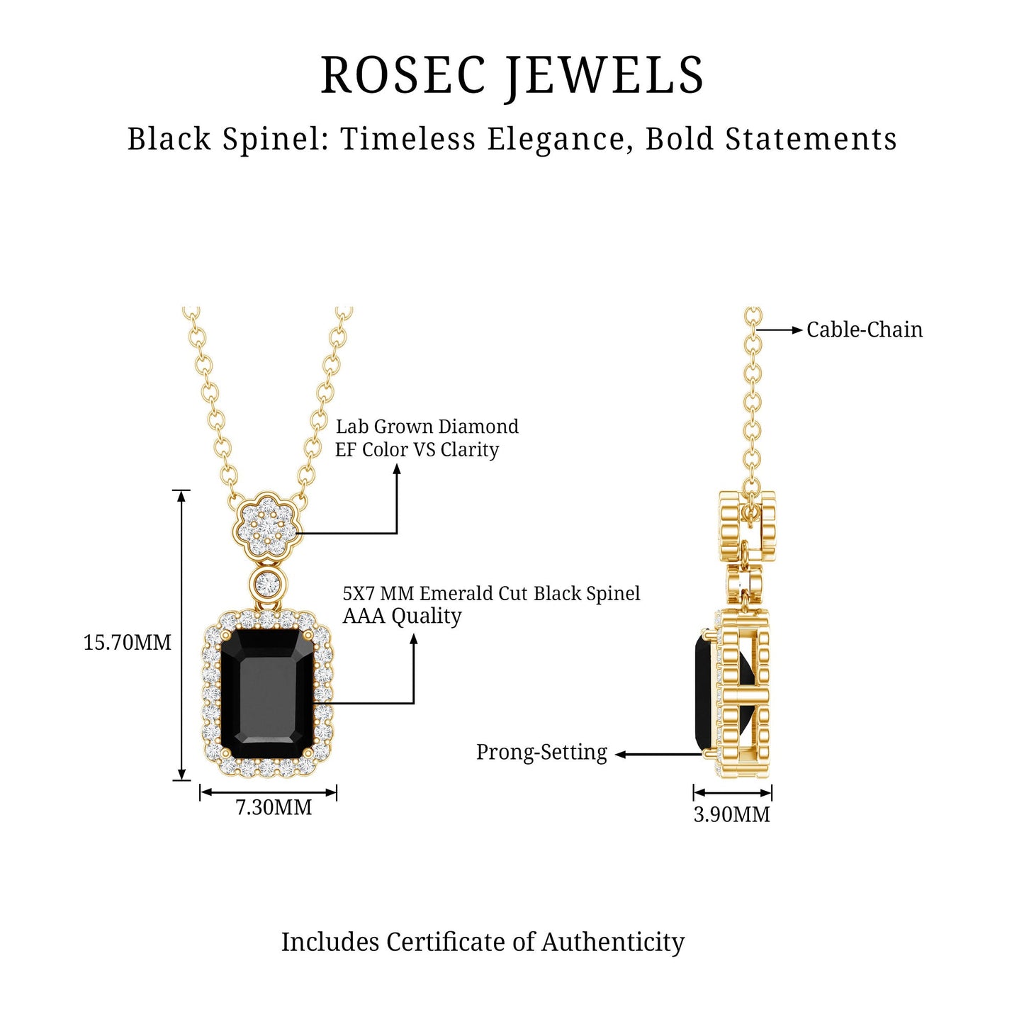 Vintage Style 1 Carat Emerald Cut Black Spinel Statement Necklace with Diamond Halo