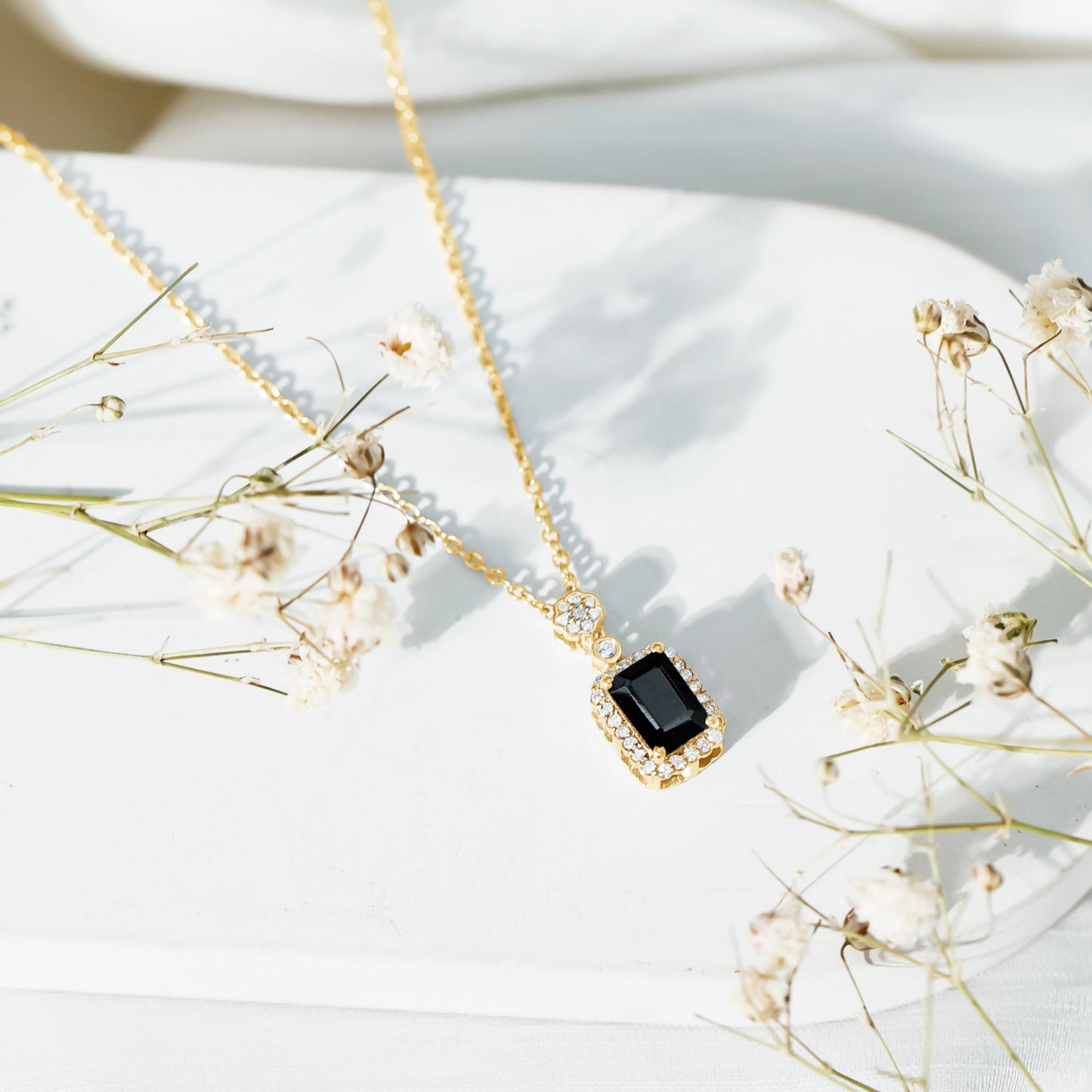 Vintage Style 1 Carat Emerald Cut Black Spinel Statement Necklace with Diamond Halo