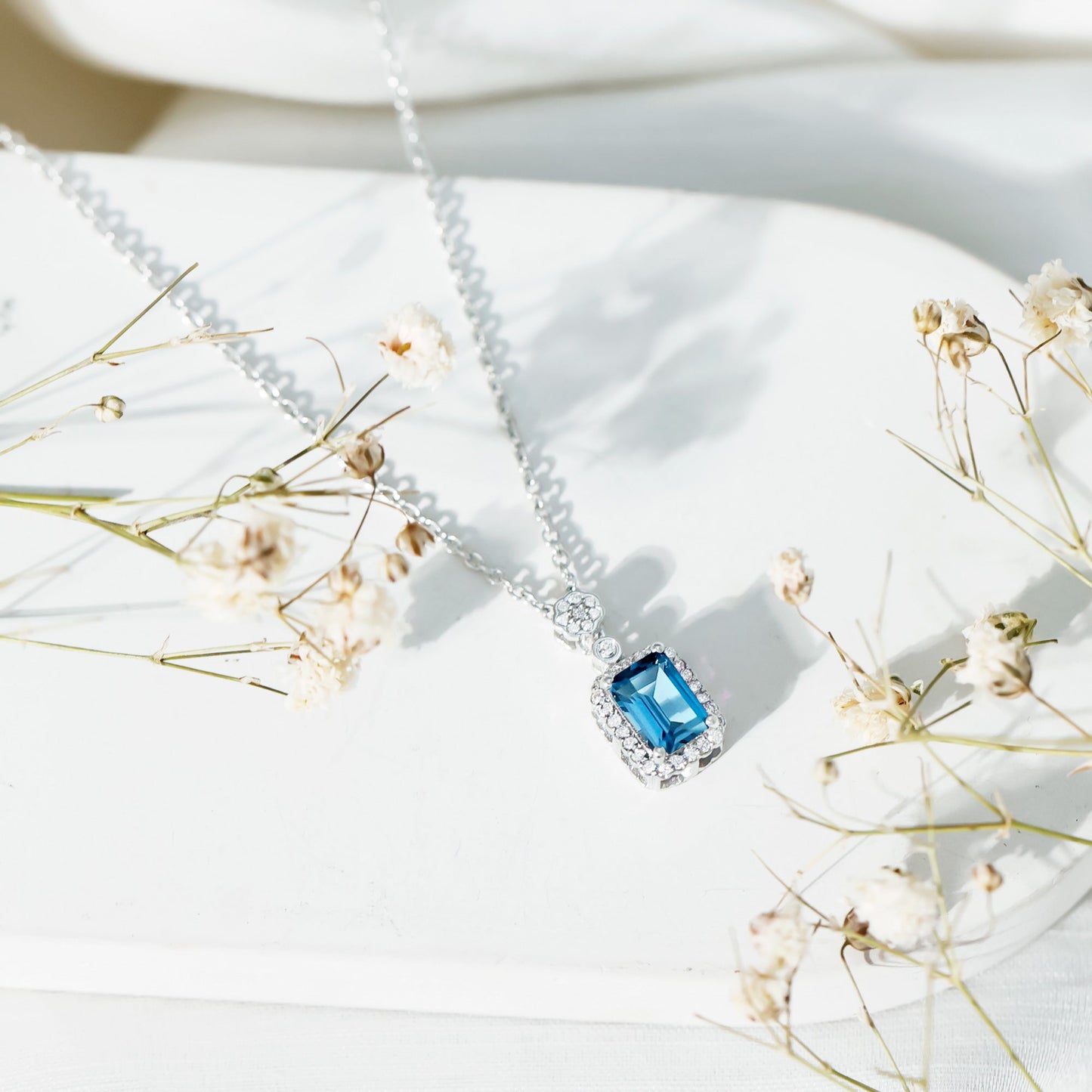 Genuine 1.1 Carat London Blue Topaz Emerald Cut Necklace with Diamond Halo