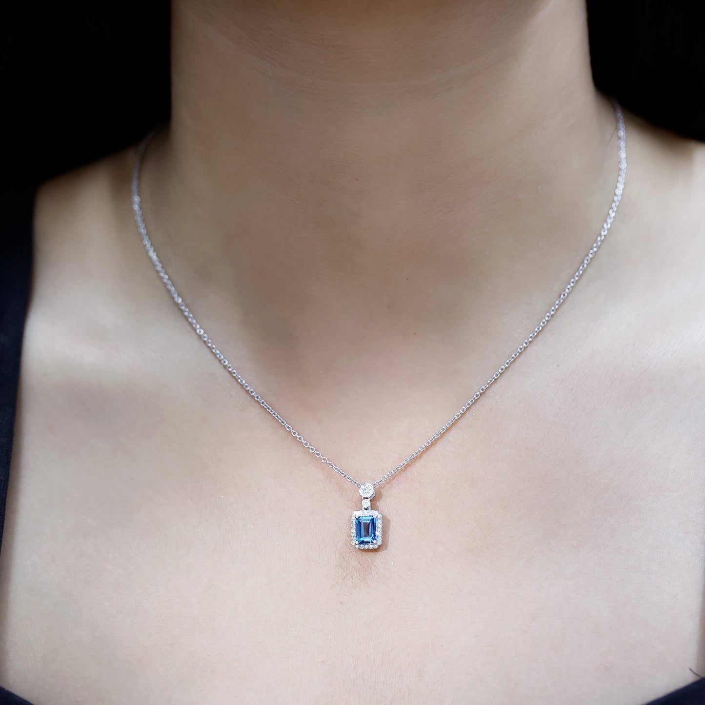 Genuine 1.1 Carat London Blue Topaz Emerald Cut Necklace with Diamond Halo