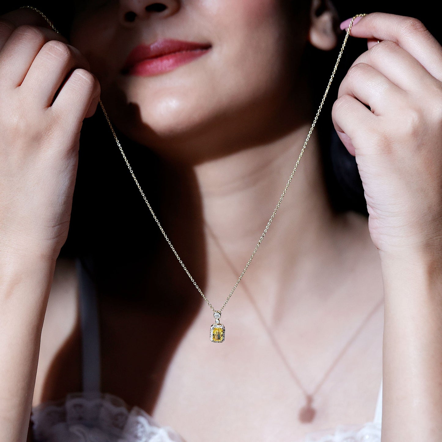 Vintage Inspired 1 Carat Lab Created Yellow Sapphire Necklace with Diamond Halo