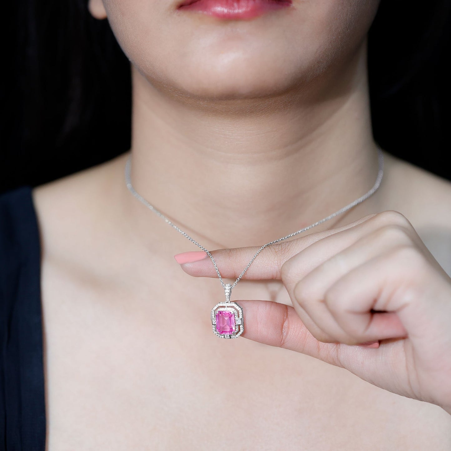 Certified 2.3 Carat Emerald Cut Lab Grown Pink Sapphire Diamond Vintage Necklace