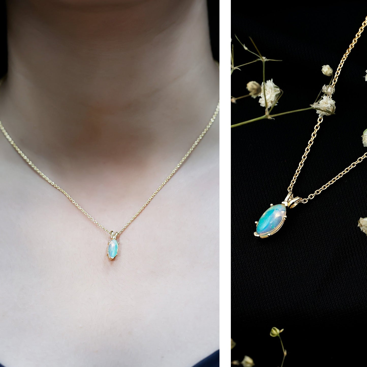 Yellow Gold Plated 1 Carat Marquise Ethiopian Opal Pendant Necklace with Chain