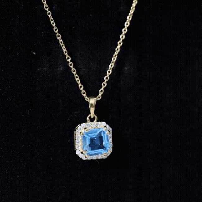 Certified 3 Carat Asscher Cut Swiss Blue Topaz Pendant Necklace with Diamond Halo
