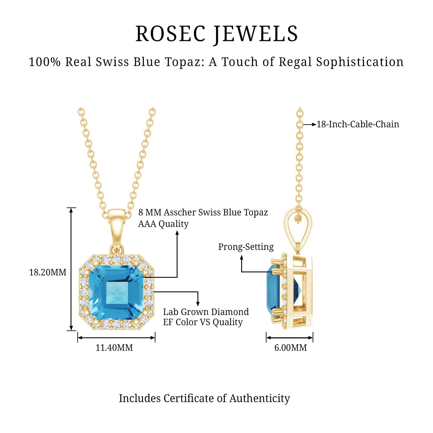 Certified 3 Carat Asscher Cut Swiss Blue Topaz Pendant Necklace with Diamond Halo