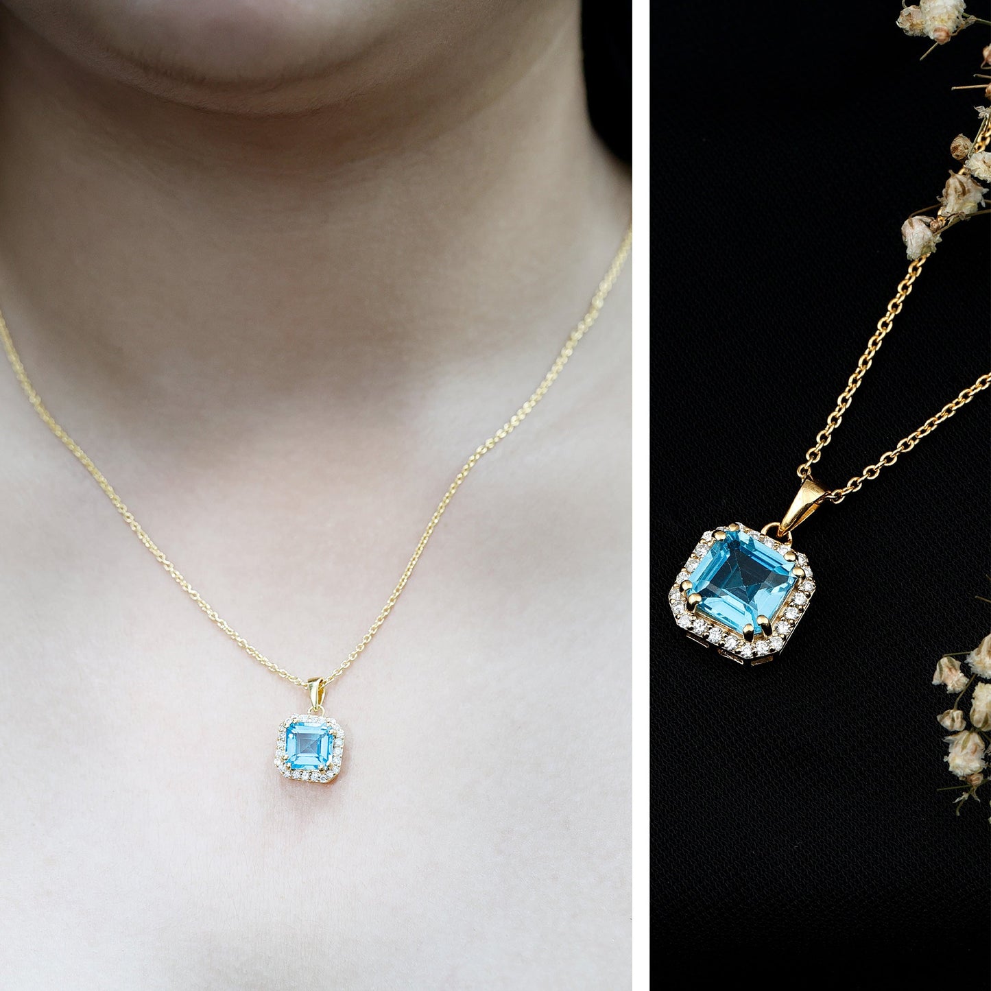 Certified 3 Carat Asscher Cut Swiss Blue Topaz Pendant Necklace with Diamond Halo