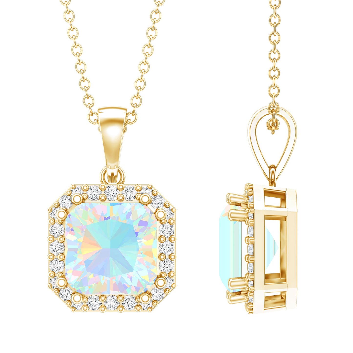 1.25 Carat Asscher Cut Ethiopian Opal Necklace with Diamond Halo