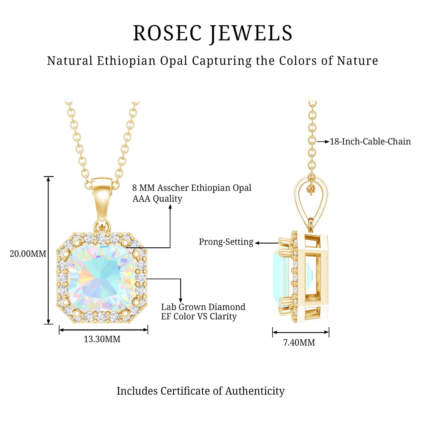 1.25 Carat Asscher Cut Ethiopian Opal Necklace with Diamond Halo