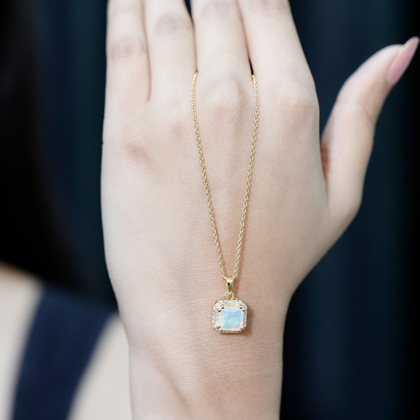 1.25 Carat Asscher Cut Ethiopian Opal Necklace with Diamond Halo