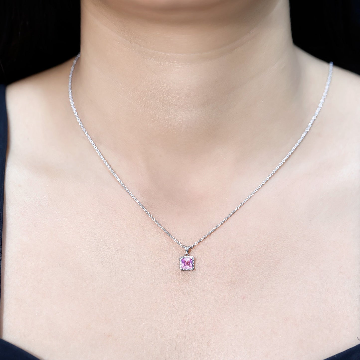 Princess Cut 0.7 Carat Lab Created Pink Sapphire Solitaire Pendant Necklace