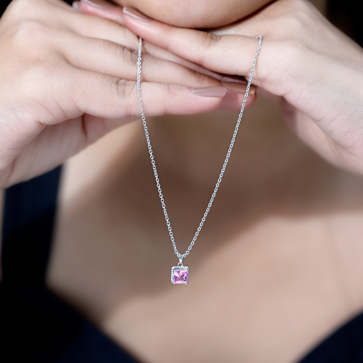 Princess Cut 0.7 Carat Lab Created Pink Sapphire Solitaire Pendant Necklace