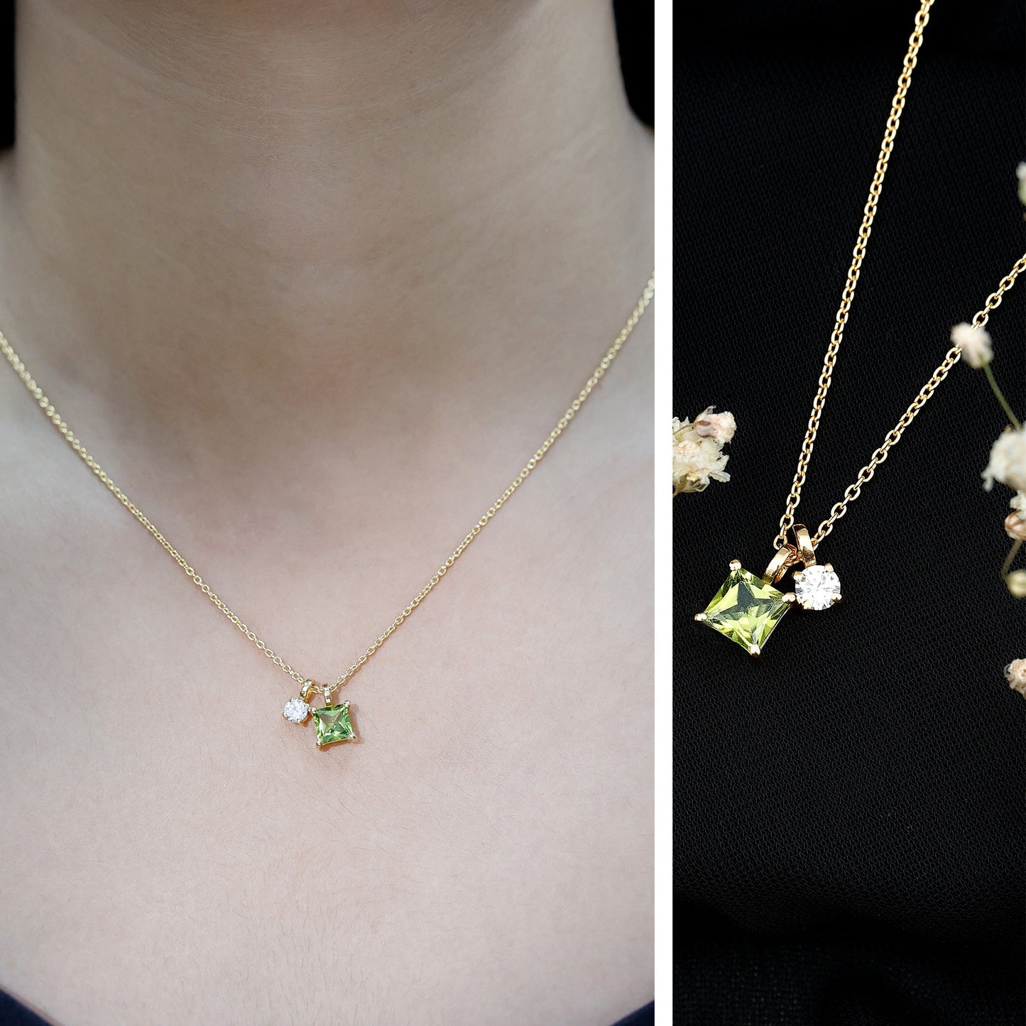 Princess Cut 1 Carat Peridot Pendant Necklace with Silver Chain