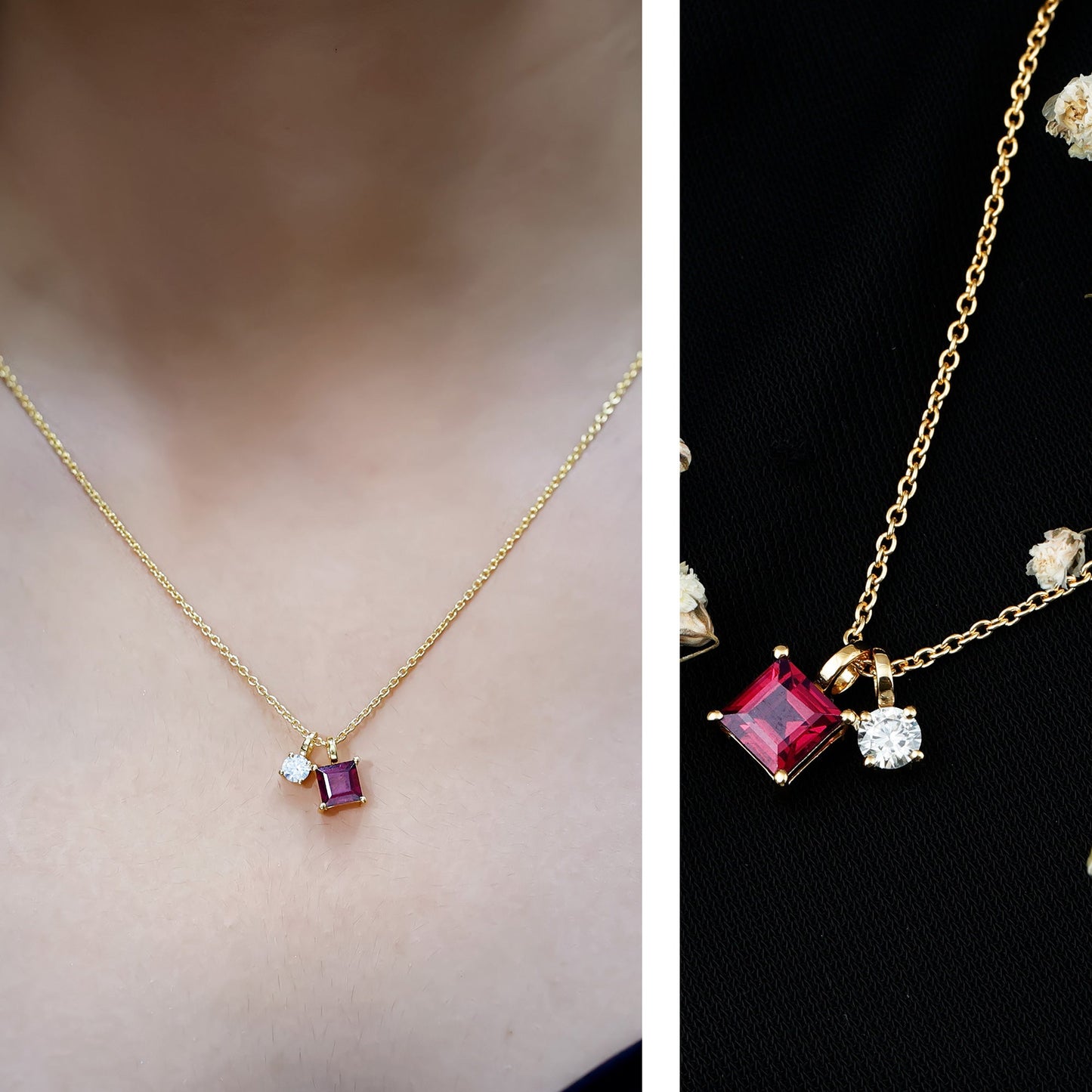 1.4 Carat Princess Cut Rhodolite Garnet Promise Necklace with Moissanite