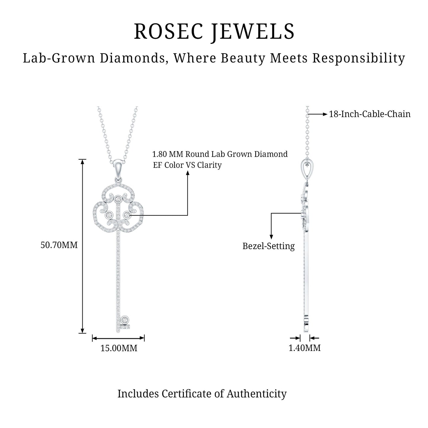 Certified Lab Created Diamond Vintage Style Key Necklace