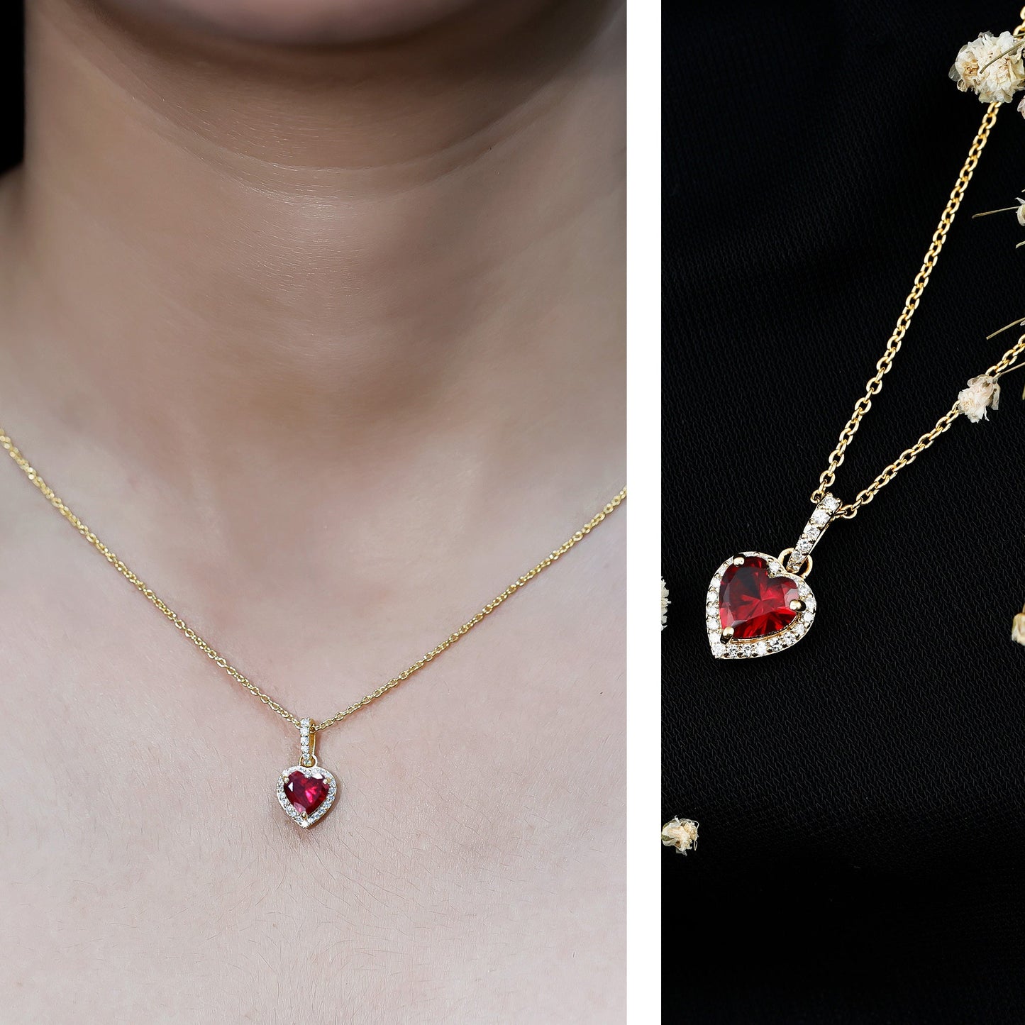 Certified 1.6 Carat Lab Created Ruby Heart Necklace with Diamond Halo