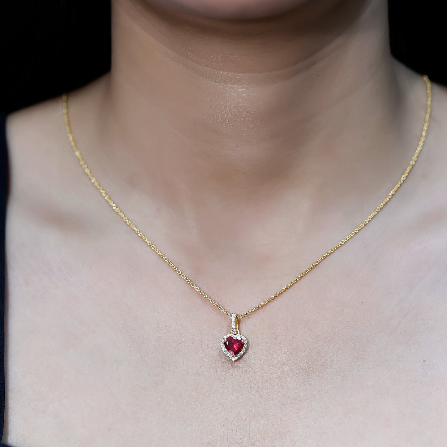 Certified 1.6 Carat Lab Created Ruby Heart Necklace with Diamond Halo