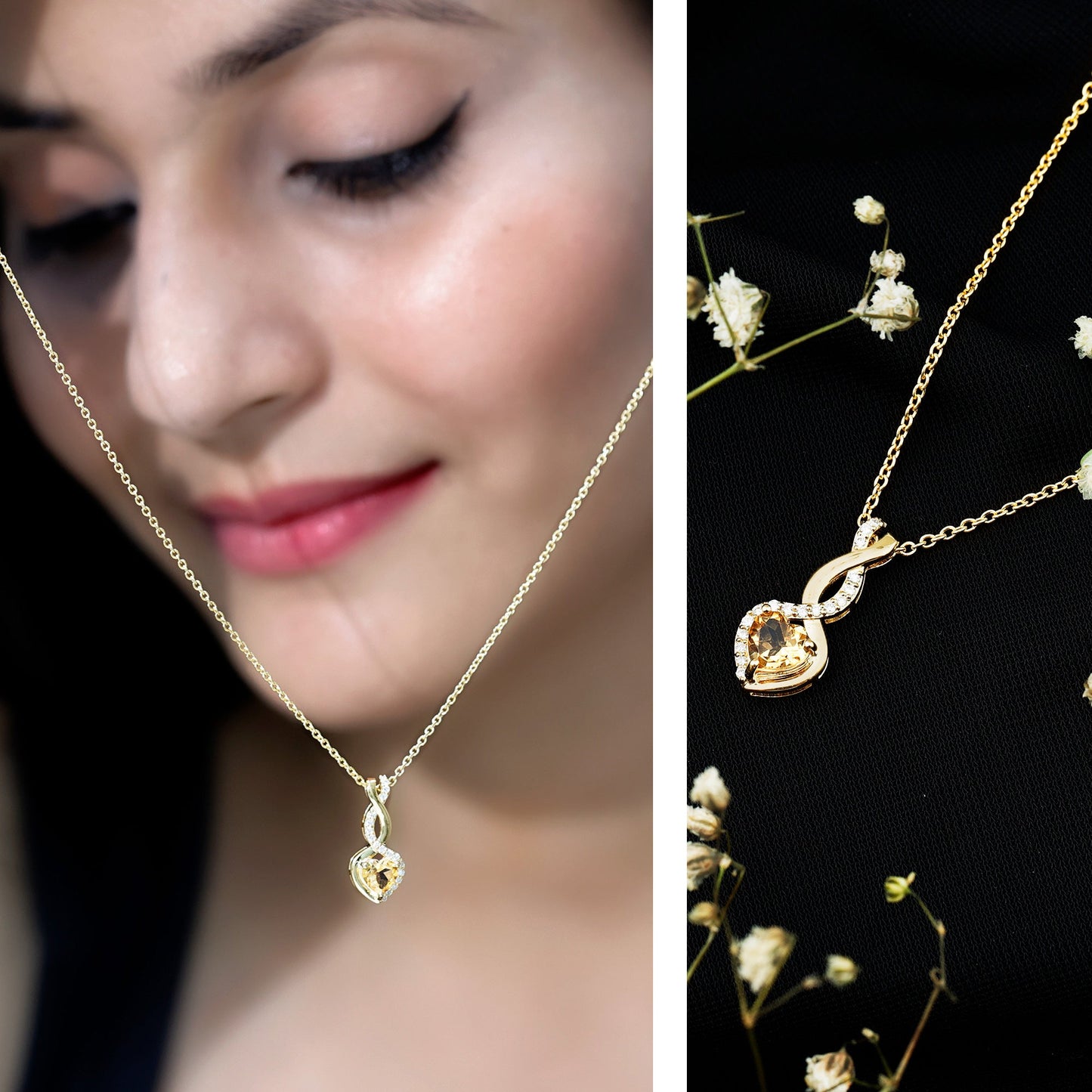 Certified 1 Carat Citrine Diamond Infinity Heart Necklace with Silver Chain