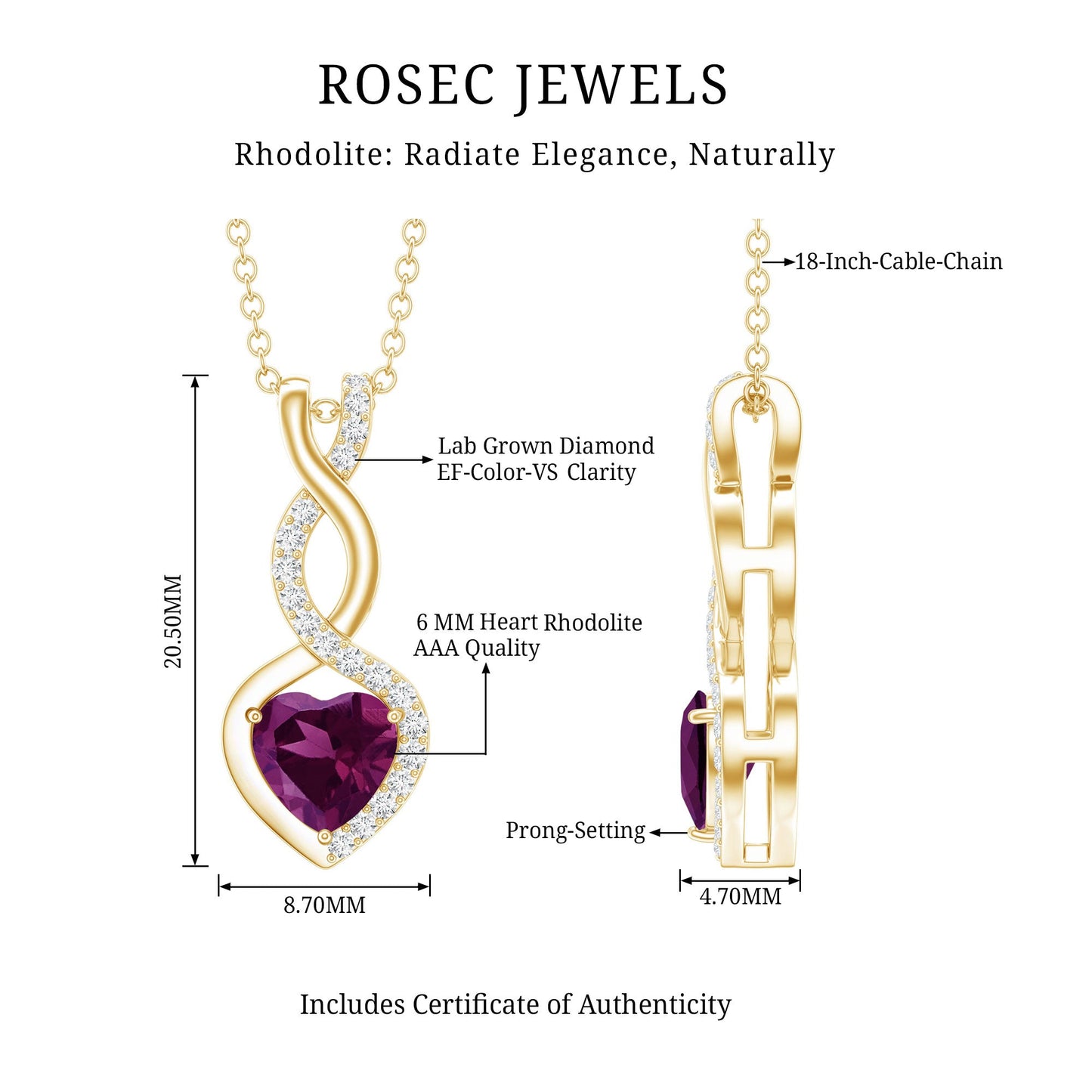 Certified 1 Carat Rhodolite Diamond Heart and Infinity Necklace