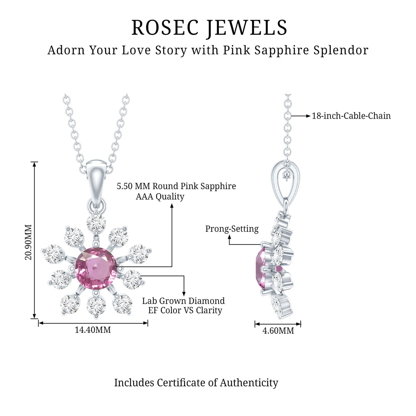 Genuine 0.58 Carat Pink Sapphire and Diamond Flower Pendant Necklace