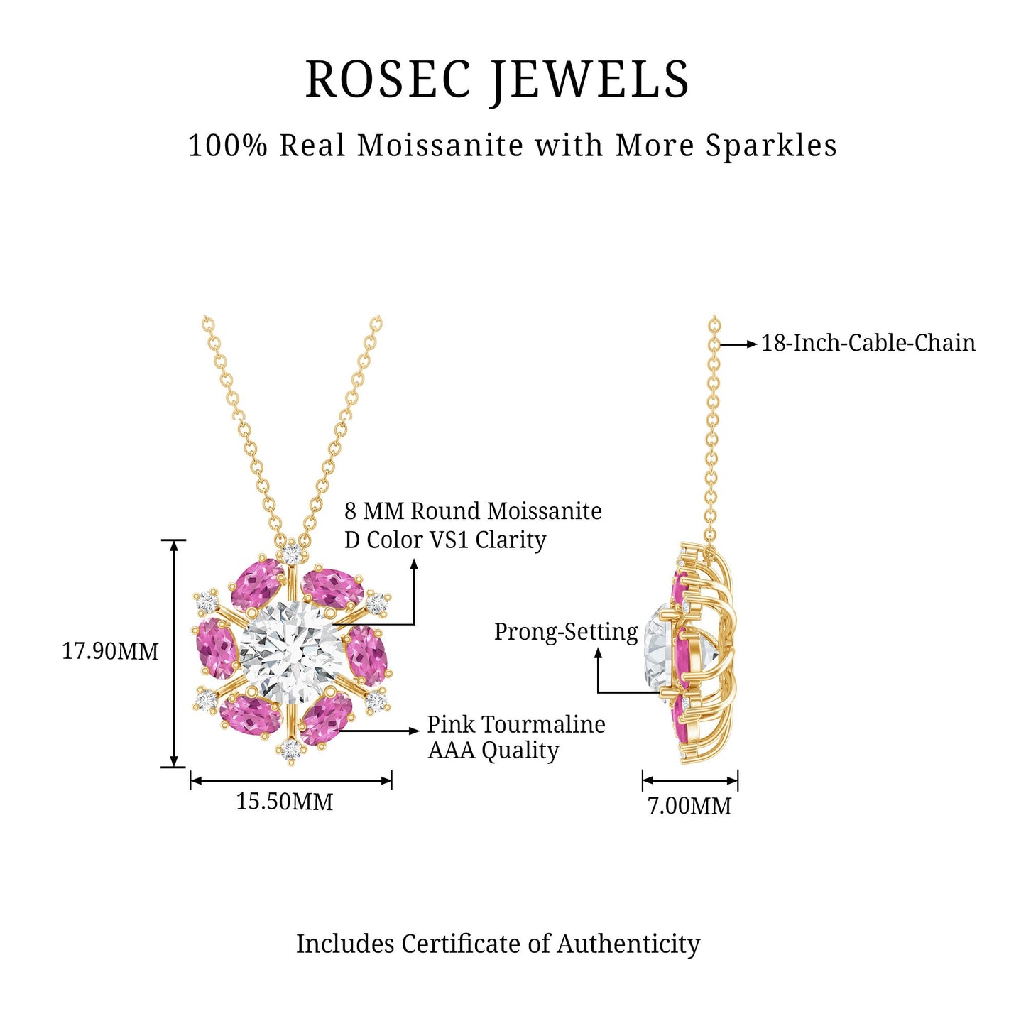 Certified 2 Carat Moissanite Flower Statement Necklace With Pink Tourmaline