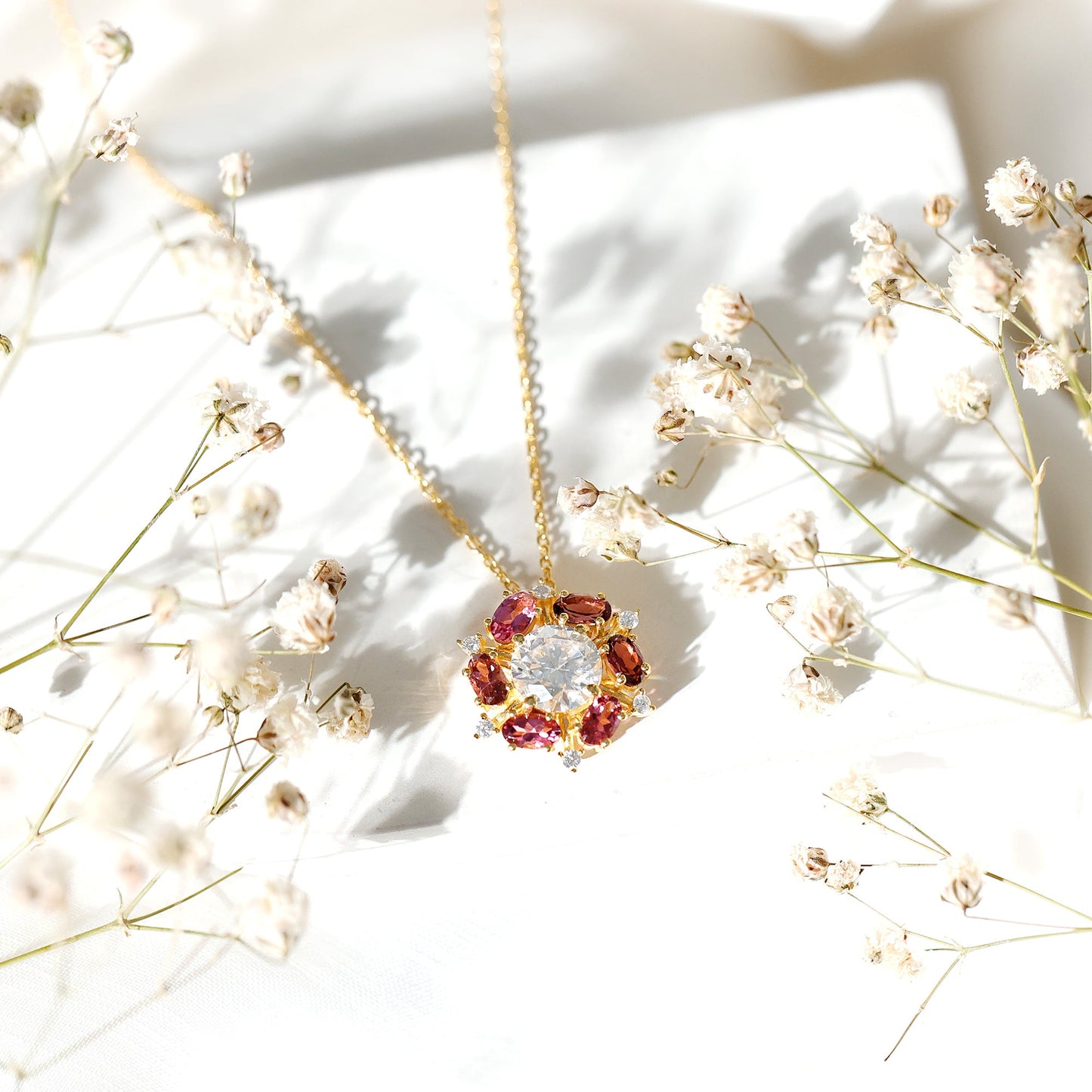 Certified 2 Carat Moissanite Flower Statement Necklace With Pink Tourmaline